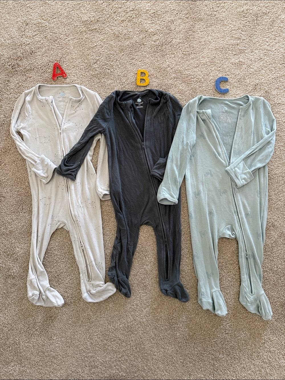 Cloud Island Kids One-Piece Footies - Light Gray, Charcoal, Sage